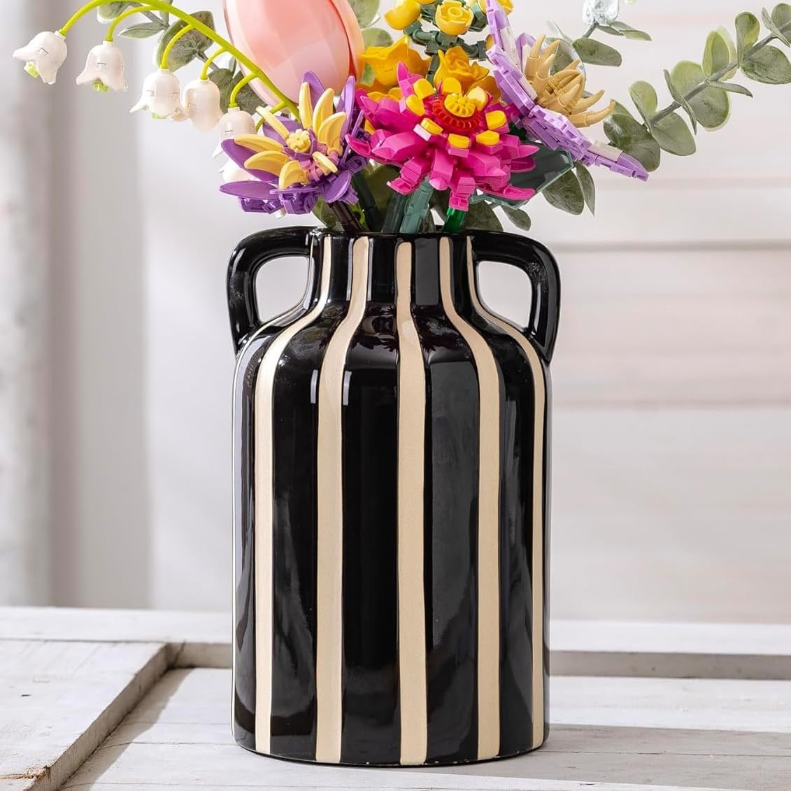 SURE YUESI Black Ceramic Vase with Handles, Modern Farmhouse Striped Decorative Vase, 9.1" Art Deco Tall Flower Vases for Pampas Grass, Shelf Decor, Dining Table Centerpiece, Living Room Home Decor