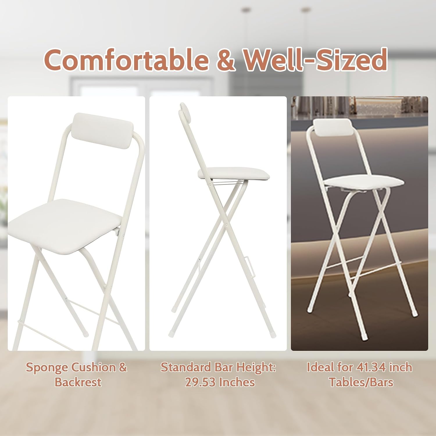 2PCS Folding Bar Stool with Backrest, 29.53in Tall Folding Chair Counter Height Foldable Chairs Tall Bar Collapsible Stools for Kitchen, Shop, Cafe, Dining Room (White)