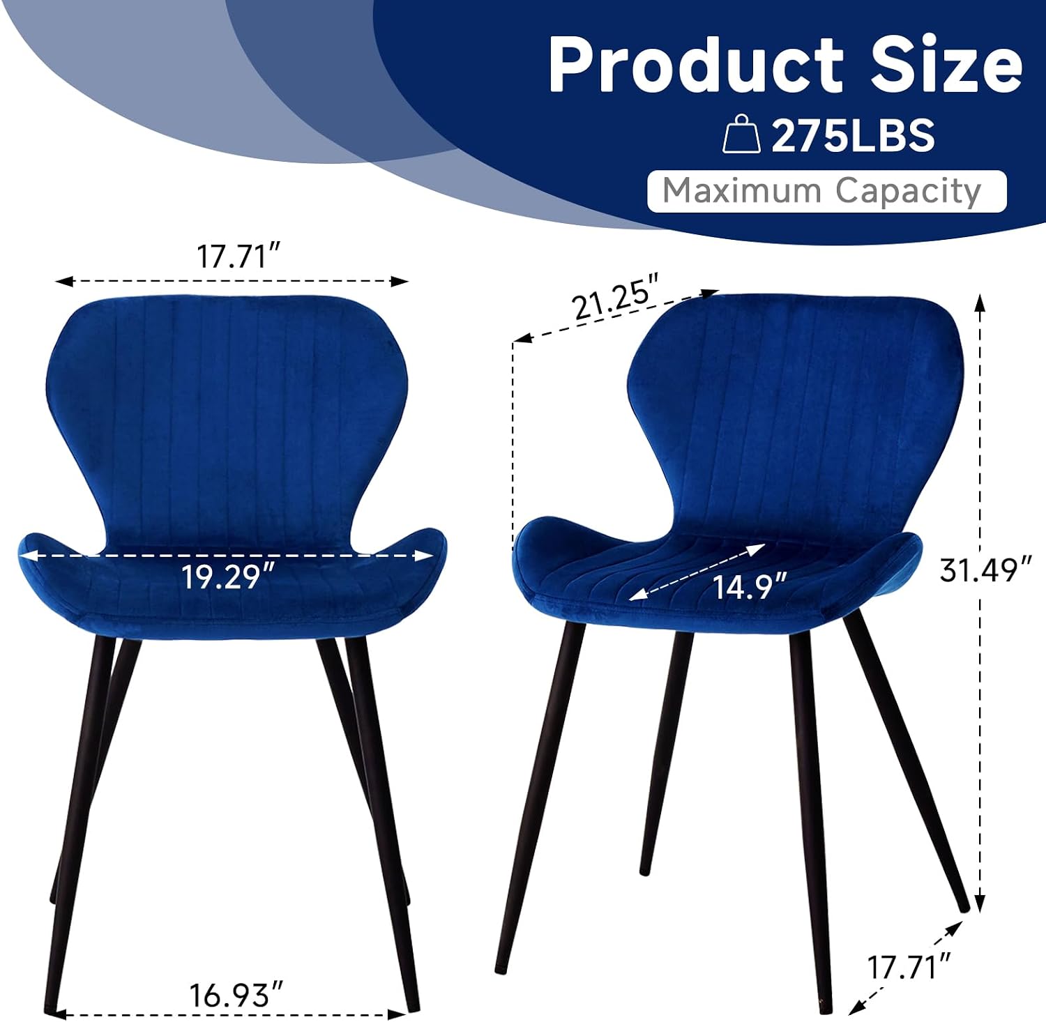 Velvet Dining Chairs Set of 4, Mid Century Modern Plain Color Upholstered Chair with Backrest Metal Legs for Kitchen, Bedroom, Living Room and Office, Blue(Only Chairs)