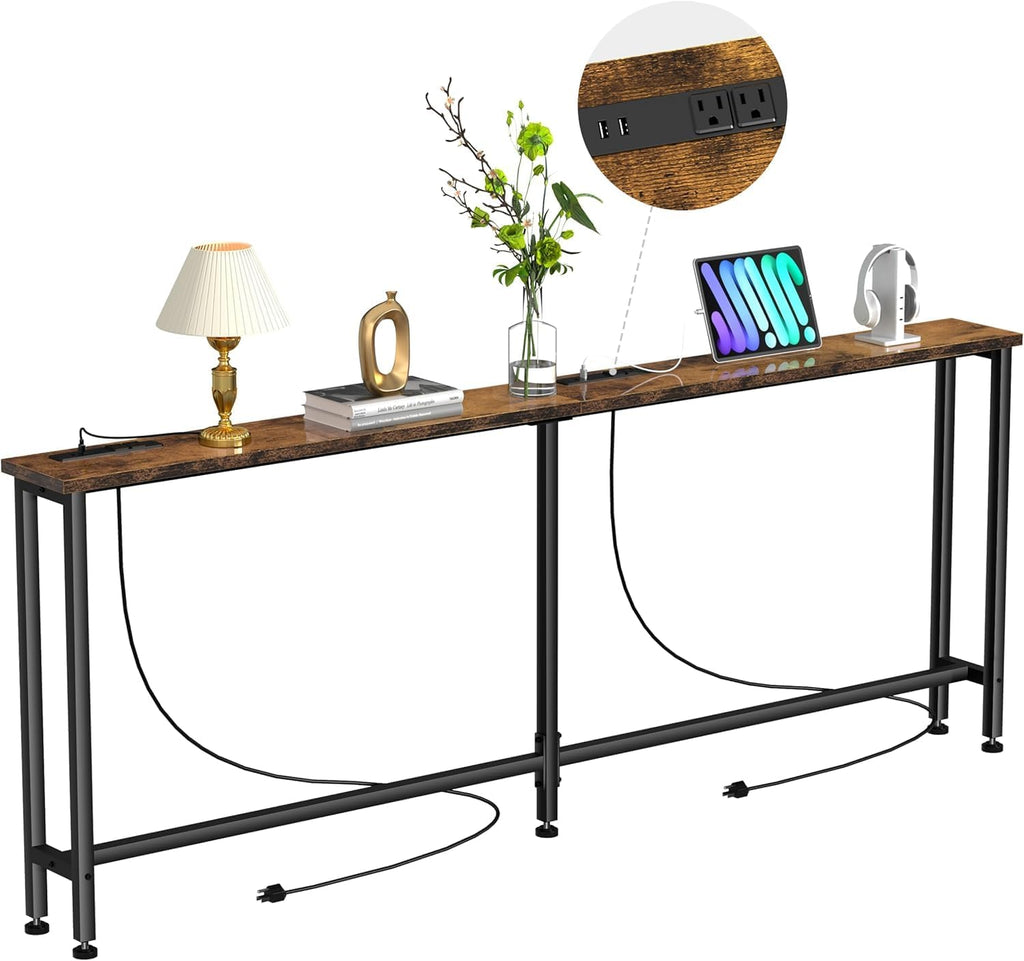 Keelian 102" Narrow Console Sofa Table - 2 Power Outlets & 4 USB Ports, Metal Frame, Rustic Brown, Perfect for Hallway, Office, and Behind Sofa - Easy Assembly, 4.9' Extension Cord Included
