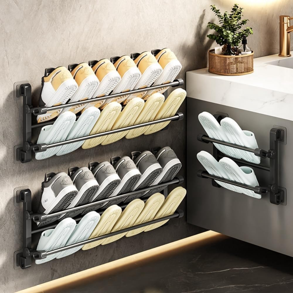 Wall-Mounted Easy Fold Shoe Rack with Adhesive Suspension: Space-Saving & Quick-Install for Home Use (19.68in), Black, WFJShoeOrganizerforCloset6