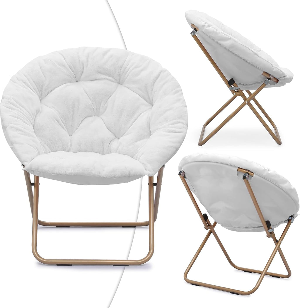 Magshion Folding Saucer Chair for Adults with Ottoman, Circle Reading Chair for Bedroom, Living Room & Dorm, Furry Comfy Accent Seat with Metal Leg & Thick Padded for Small Spaces (White, 1 Pack)