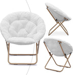 Magshion Folding Saucer Chair for Adults with Ottoman, Circle Reading Chair for Bedroom, Living Room & Dorm, Furry Comfy Accent Seat with Metal Leg & Thick Padded for Small Spaces (White, 1 Pack)