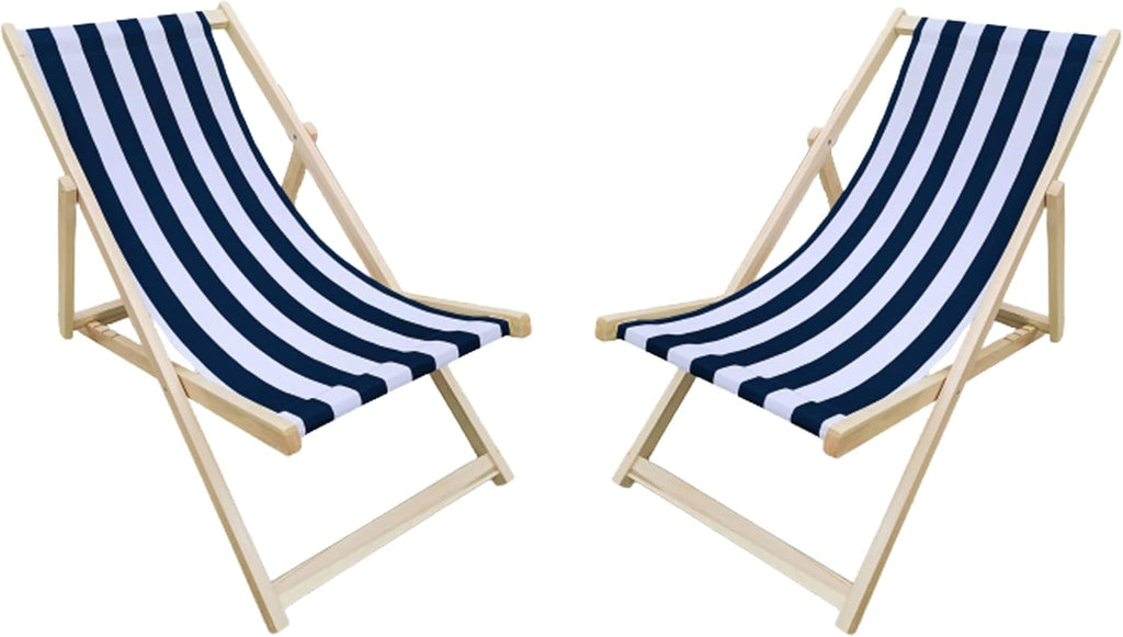 2-Piece Populus Wood Sling Chair, Blue Stripe (Dark Blue), Folding Chaise Lounge Chair
