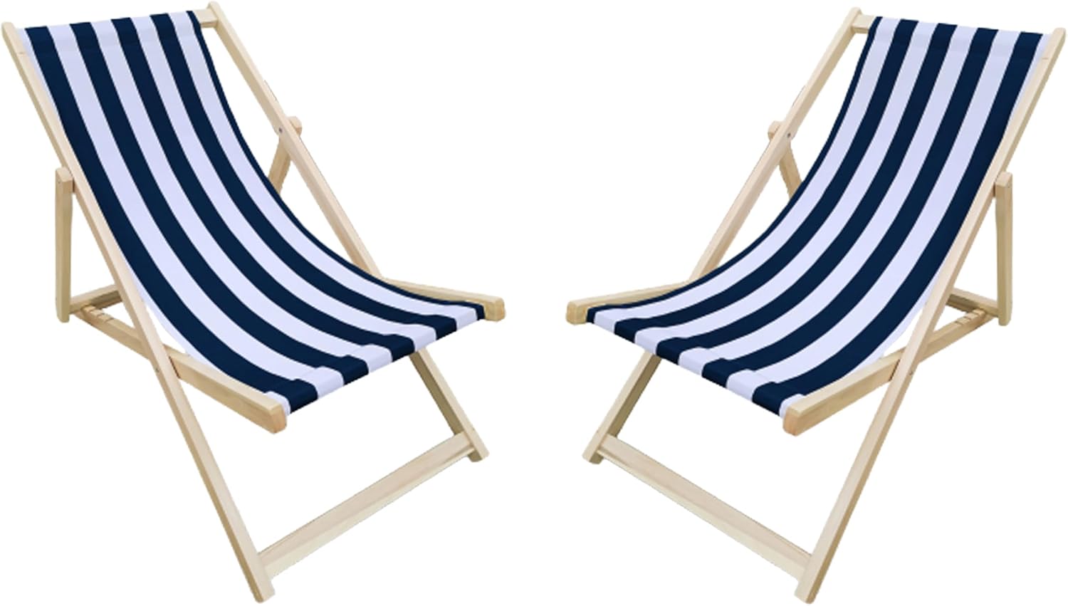 Folding Beach Sling Chairs, Navy Blue and White Striped, Wooden Frame, Set of 2, Outdoor Patio Lounge