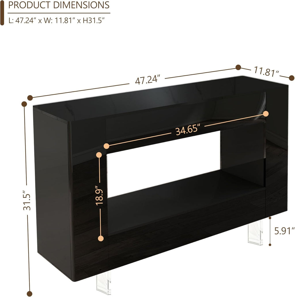 Console Table, 47" High Gloss Entryway Table with Hidden Storage Cabinets, Adjustable Shelves, Modern Sofa Table for Behind The Couch, Living Room, Hallway, Black