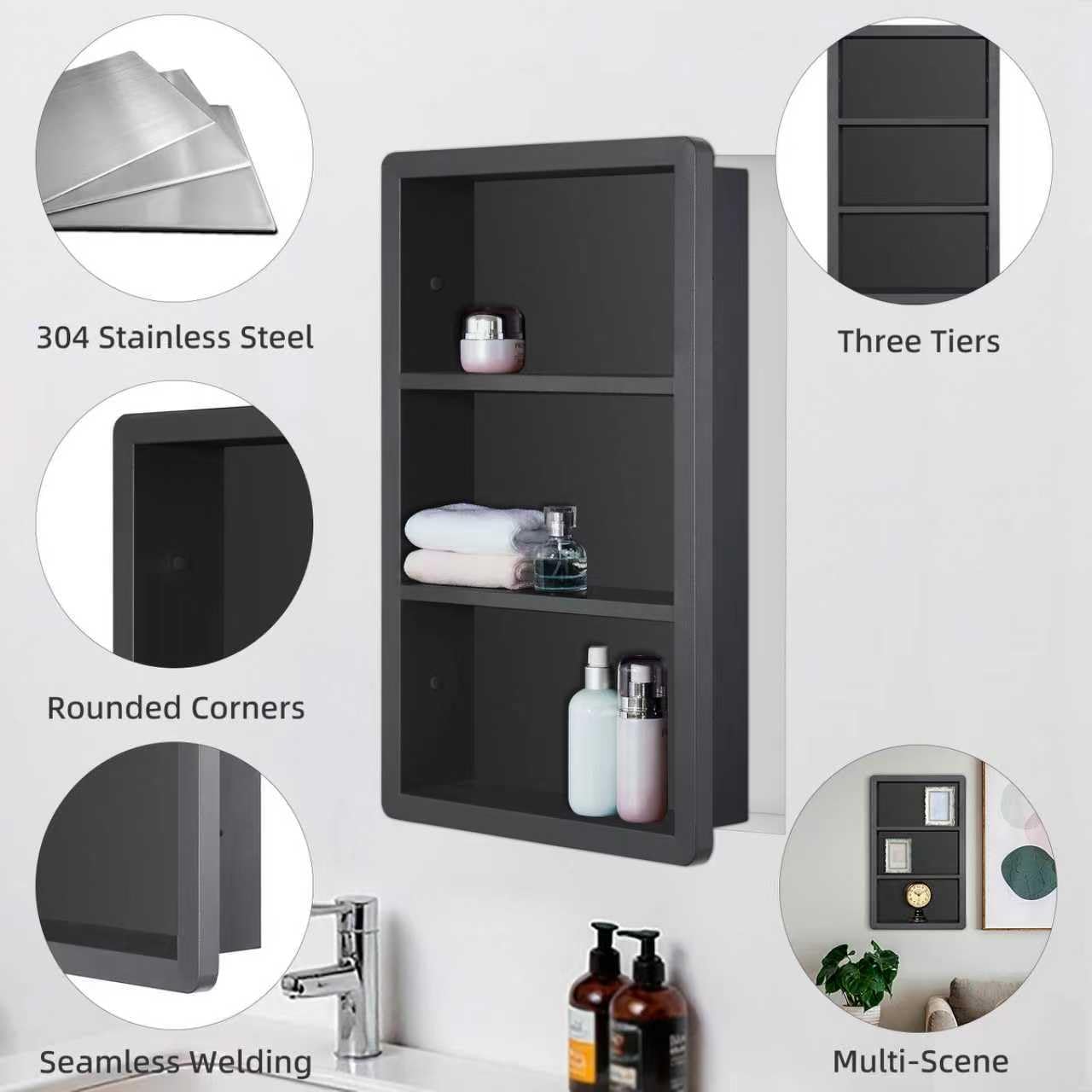IDYLLOR Recessed Medicine Cabinet No Mirror - 14x24 Bathroom Storage Wall Cabinet with 2 Shelves, 304 Stainless Steel Shower Niche, Matte Black Waterproof for Bathroom, Toilet, Vanity