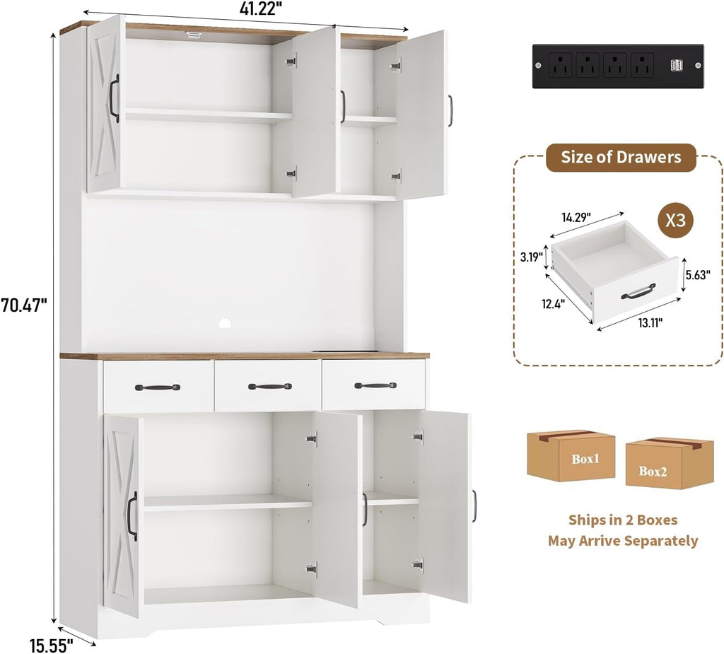 71'' Tall Kitchen Pantry Storage Cabinet with Charging Station, Farmhouse Pantry Cabinet with 3 Drawers & 4 Cabinets, Wide Kitchen Hutch with Countertop for Dining Room, White