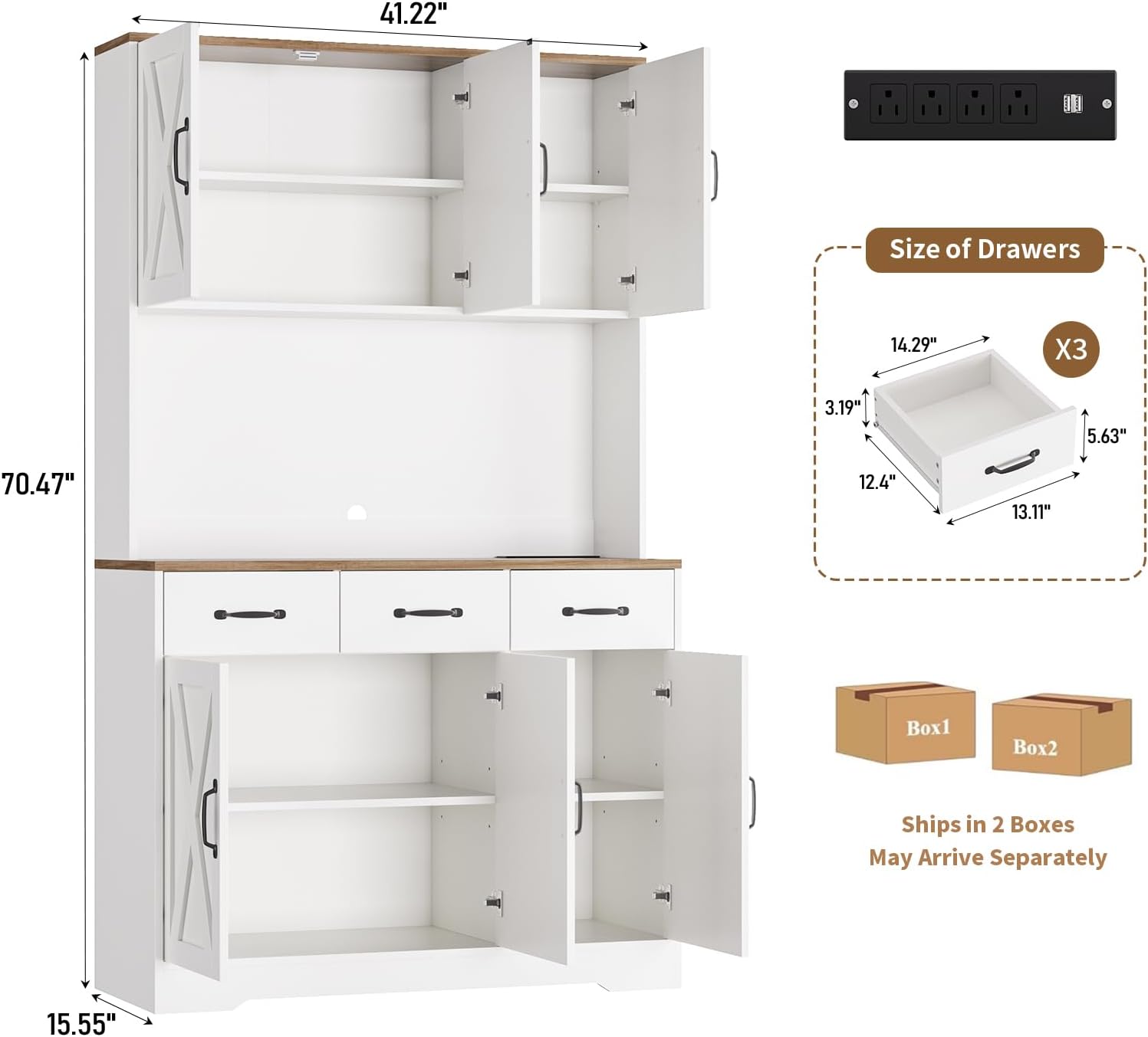 71'' Tall Kitchen Pantry Storage Cabinet with Charging Station, Farmhouse Pantry Cabinet with 3 Drawers & 4 Cabinets, Wide Kitchen Hutch with Countertop for Dining Room, White