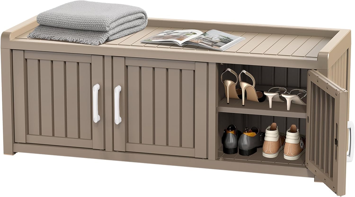 EasyUp Outdoor Shoes Storage Bench, Waterproof Resin Shoe Cabinet, Shoe Bench Entryway,2-Tier Hallway Shoes Rack with Adjustable Shelves for Entryway, Living Room, Bedroom(Grey,3 Door)