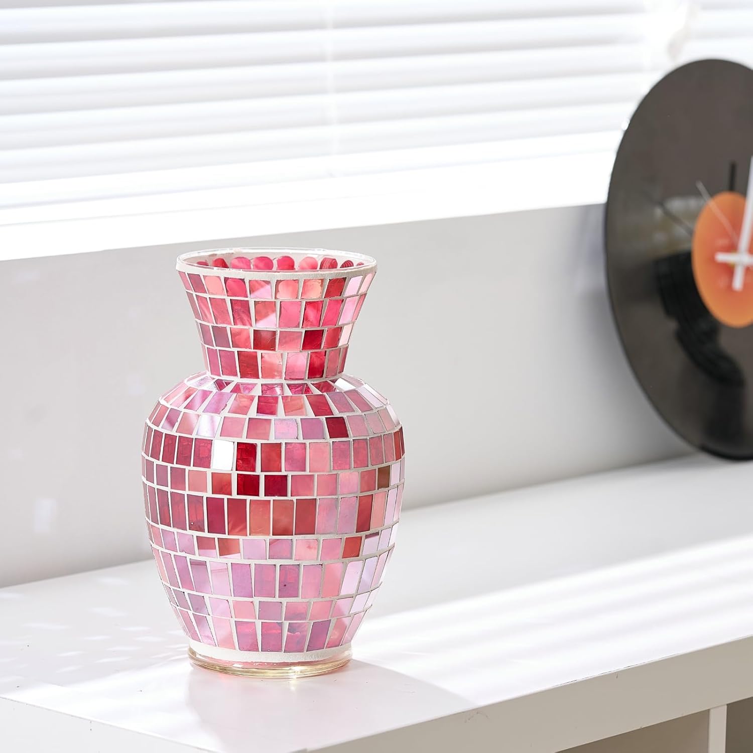 Pink Mosaic Glass Flower Vase, 8.7 Inch Handmade Home Decorative Vase for Living Room, Kitchen, Wedding, Pink Vase for Home Decor(Large)