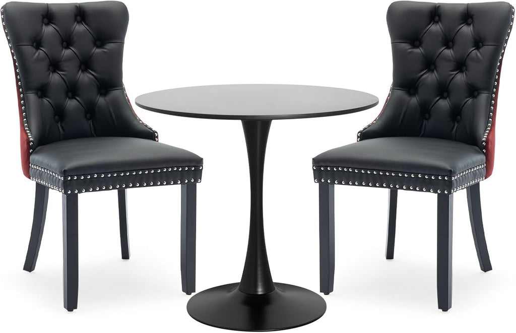 3-Pieces Dining Sets, 31.5" Round Dining Table Set with 2 Velvet Upholstered Dining Chairs,Wooden Legs Design for Kitchen Dining Room Apartment Small Space(1 Black Table with 2 Black&Wine Red Chairs)