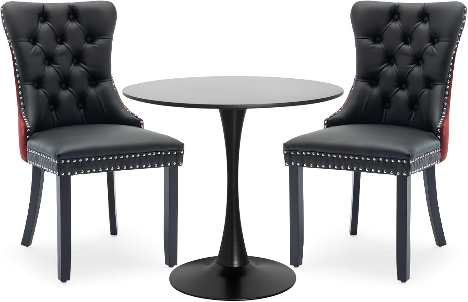 3-Pieces Dining Sets, 31.5" Round Dining Table Set with 2 Velvet Upholstered Dining Chairs,Wooden Legs Design for Kitchen Dining Room Apartment Small Space(1 Black Table with 2 Black&Wine Red Chairs)