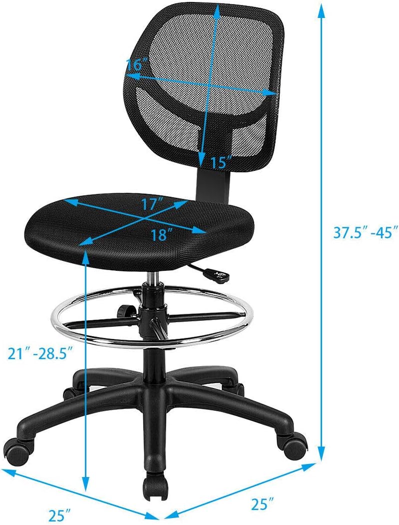 DORTALA Mesh Drafting Chair, St&ing Desk Chair w/Footrest Ring, Adjustable Height Chair Mid Back Tall Office Chair for Home Office, Black