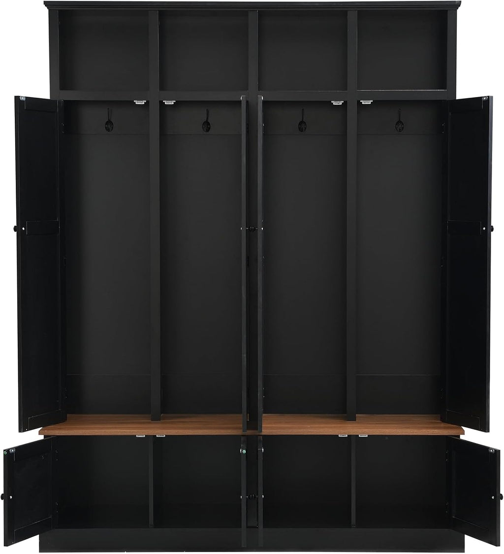 Merax Farmhouse Hall Tree with Bench and Cabinet, 4-in-1 Entryway Storage Organizer with Rack, Shoe Storage and Hooks for Mudroom, Living Room, Bedroom, Black