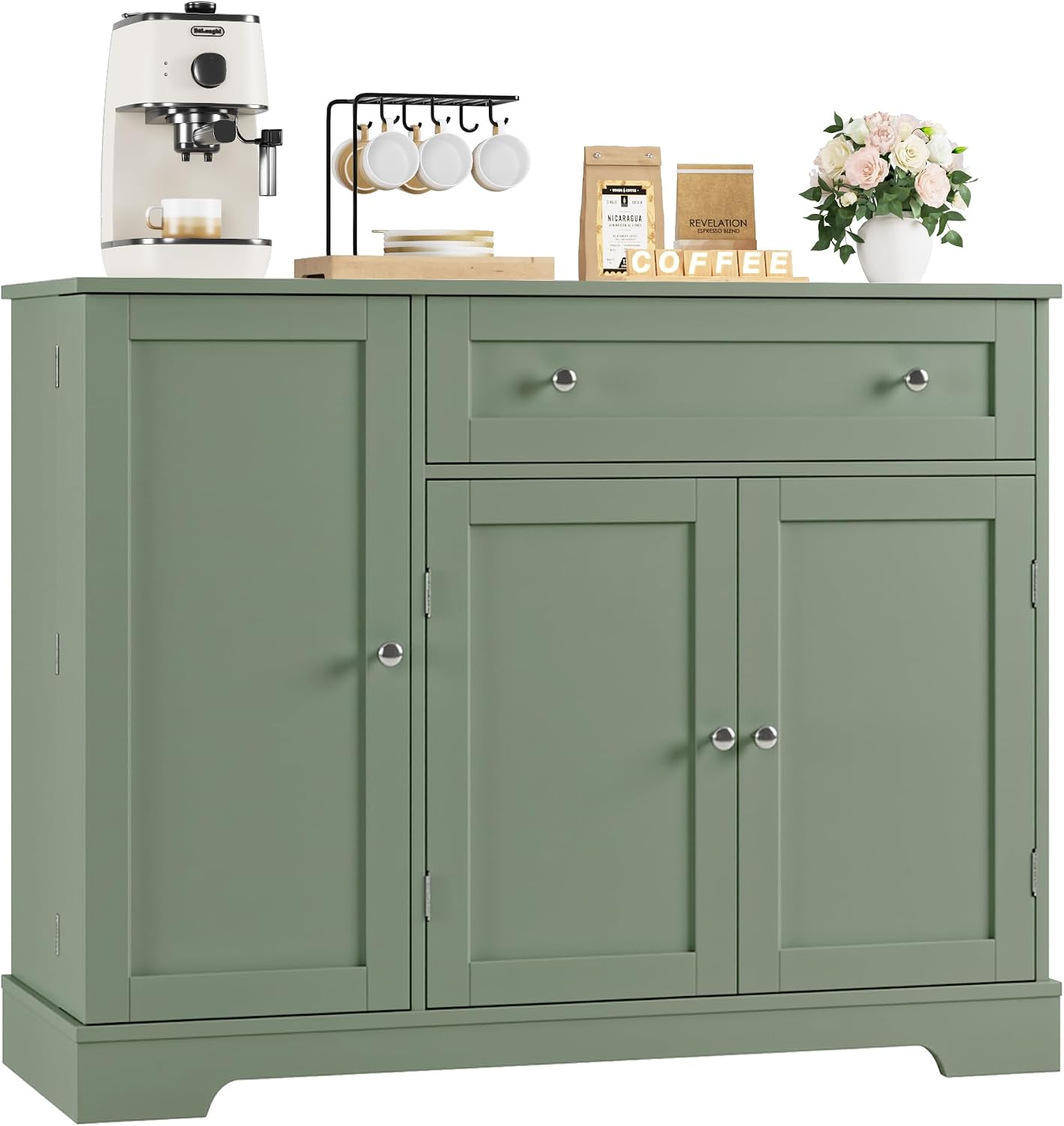 HOSTACK Buffet Cabinet with Storage, Modern Sideboard Buffet with Doors, Wood Coffee Bar Kitchen Storage Cabinet with Drawer and Adjustable Shelf for Kitchen, Dining Room, Living Room, Green
