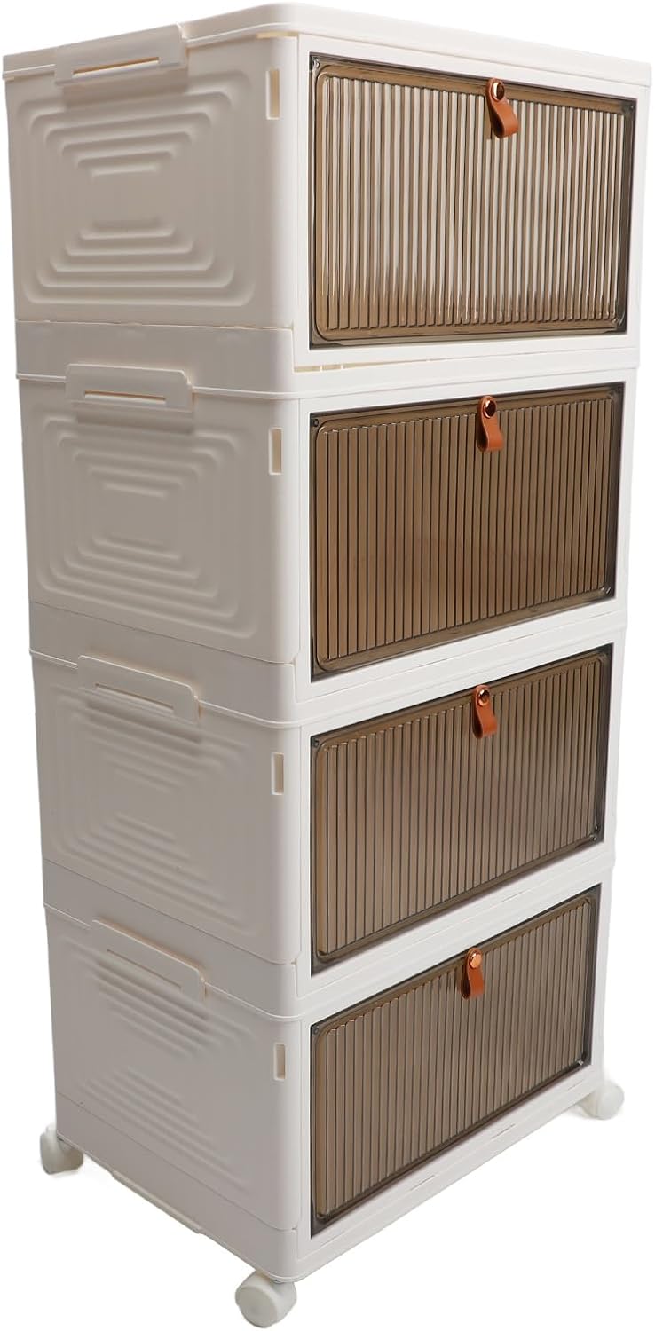 Folding Shoes Storage Box, 4 - Layer Foldable Shoe Rack Organizer with Wheels, Transparent Large - Capacity PP Shoe Shelf Cabinet for Entryway Closet Bedroom