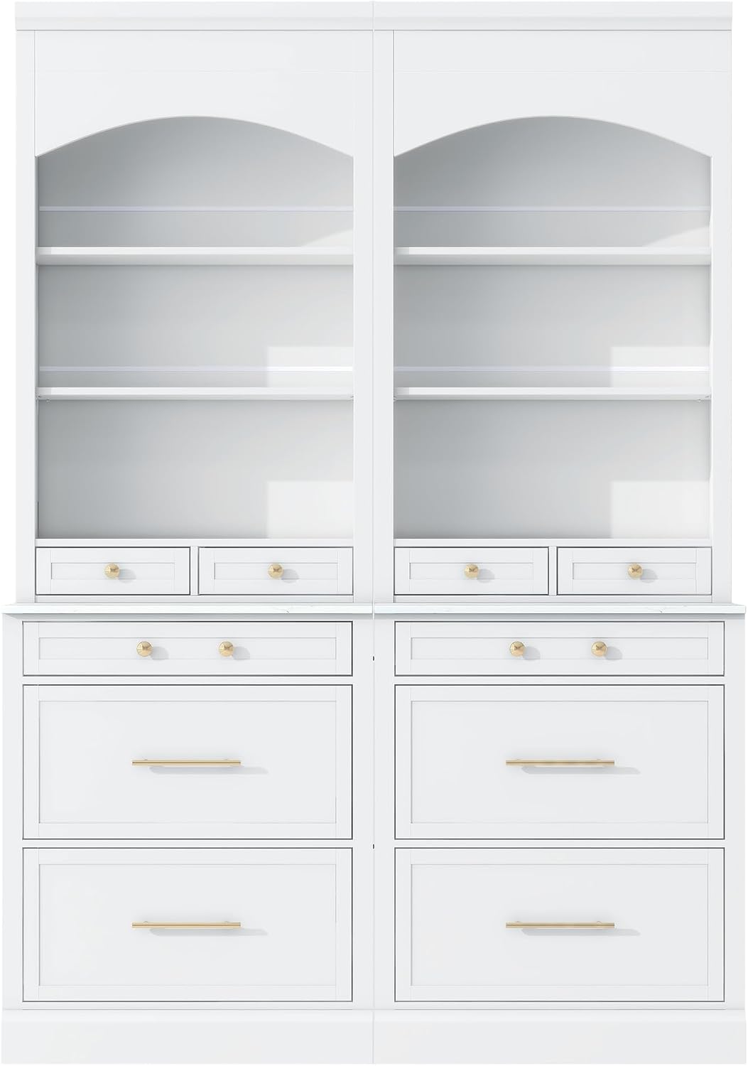 Modern 83.7inch High Kitchen Pantry, Freestanding Tall Kitchen Hutch with Faux Marble Top,Cupboard Cabinet with 5 Storage Drawers and Adjustable Shelf, Set of 2 (White-074)
