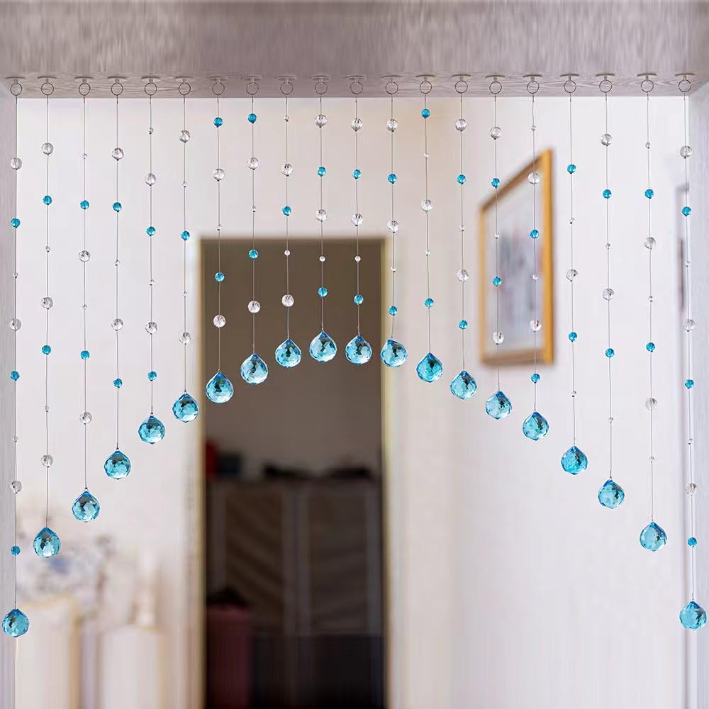 20 Strings Crystal Beaded Curtain, Arched Door String Curtain, Hanging Doorway Room Divider Suitable for Home, Coffee House, Bedroom, Restaurant. (Aqua Blue)