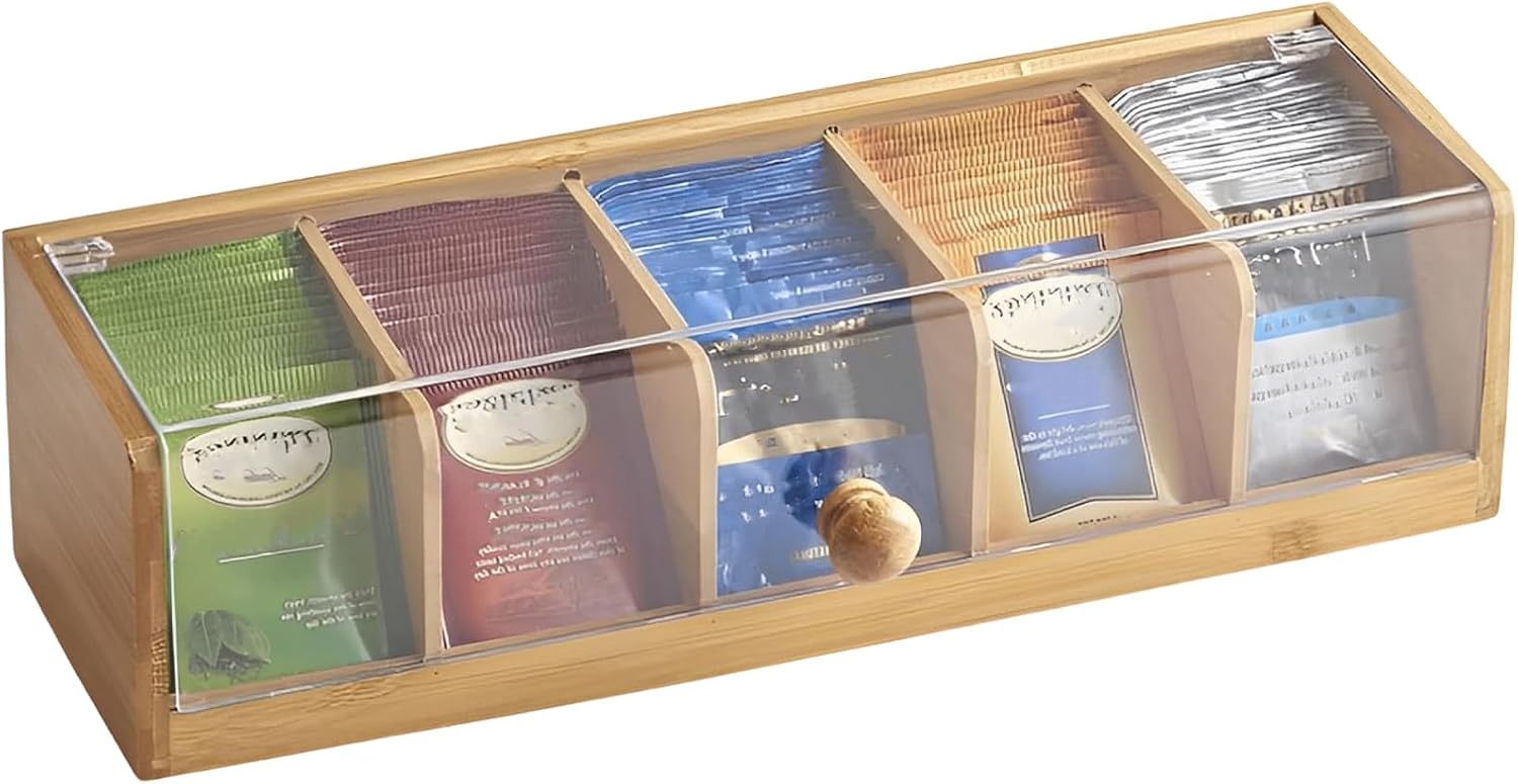 Bamboo Tea Bag Organizer, Bamboo Tea Box with 5 Compartments, Tea Storage Organizer Holder Box with Acrylic Window for Teabags, Countertop TeaStation Organizer for Home Kitchen Office Cabinet Pantry