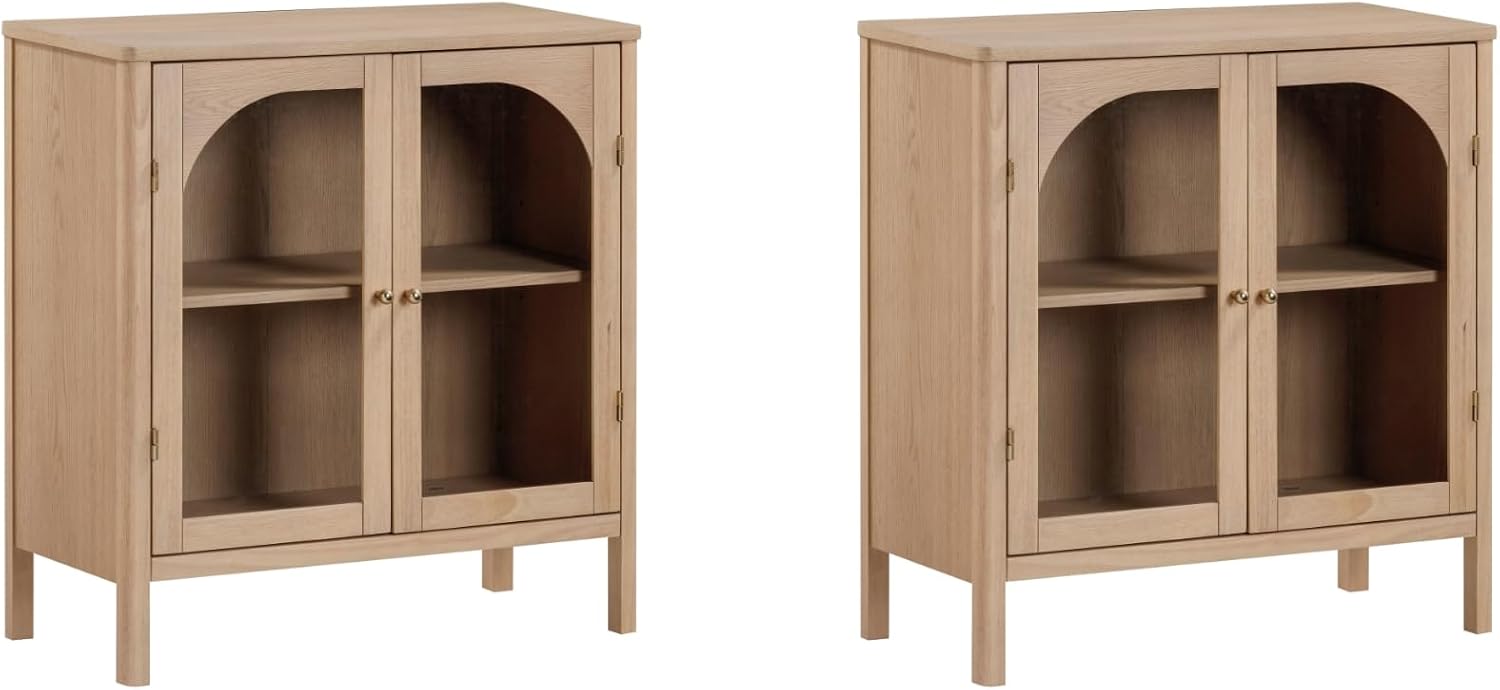 Nathan James Mason Modern Farmhouse TV Stand, Free Standing Accent Sideboard Buffet, Cabinet with Glass Doors and Adjustable Shelf, Clear Glass/Raw Oak Set of 2