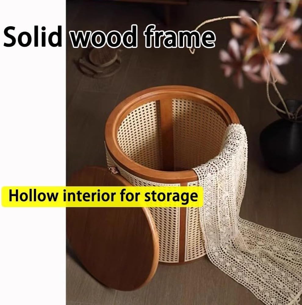 Wood Round Side Table with Storage Woven Rattan-Accent End Table Modern Accent Coffee Bedside Table for Living Room Heavy Duty(Natural)