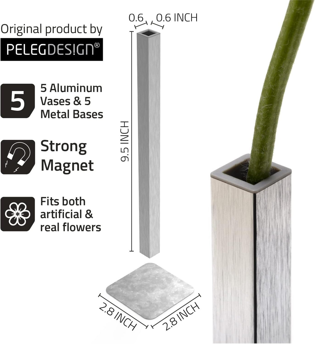 PELEG DESIGN Magnetic Bud Vase Set (Silver) - Unique Home Decor Gift & Modern Table Centerpiece - 5 Aluminum Single Stem Vases - 9.4" Tall Gravity Defying Decor