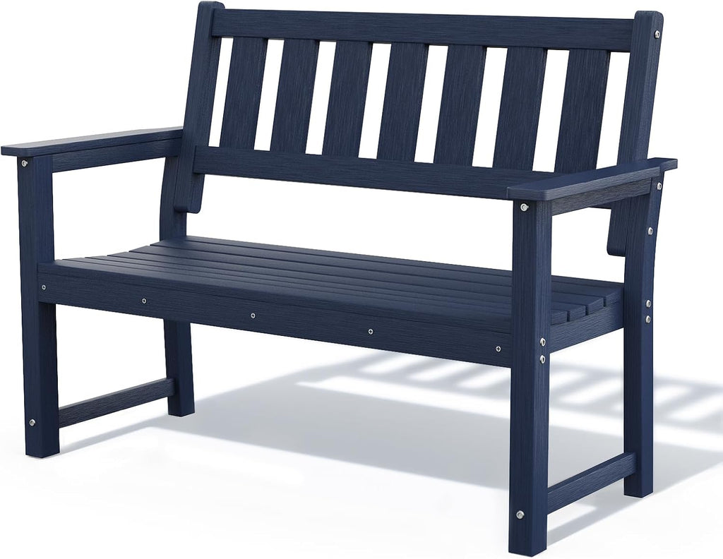 HDPE 2-Person Outdoor Bench, Poly Lumber All-Weather Patio Garden Bench with Backrest, 50 Inch Heavy-Duty Memorial Bench with 800 Lbs Capacity for Outside, Yard, Porch, Balcony and Park (Blue)