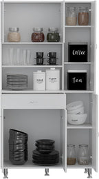 90 Kitchen Pantry Cabinet, Two Open Shelves, One Drawer, Multiple Cabinets, White