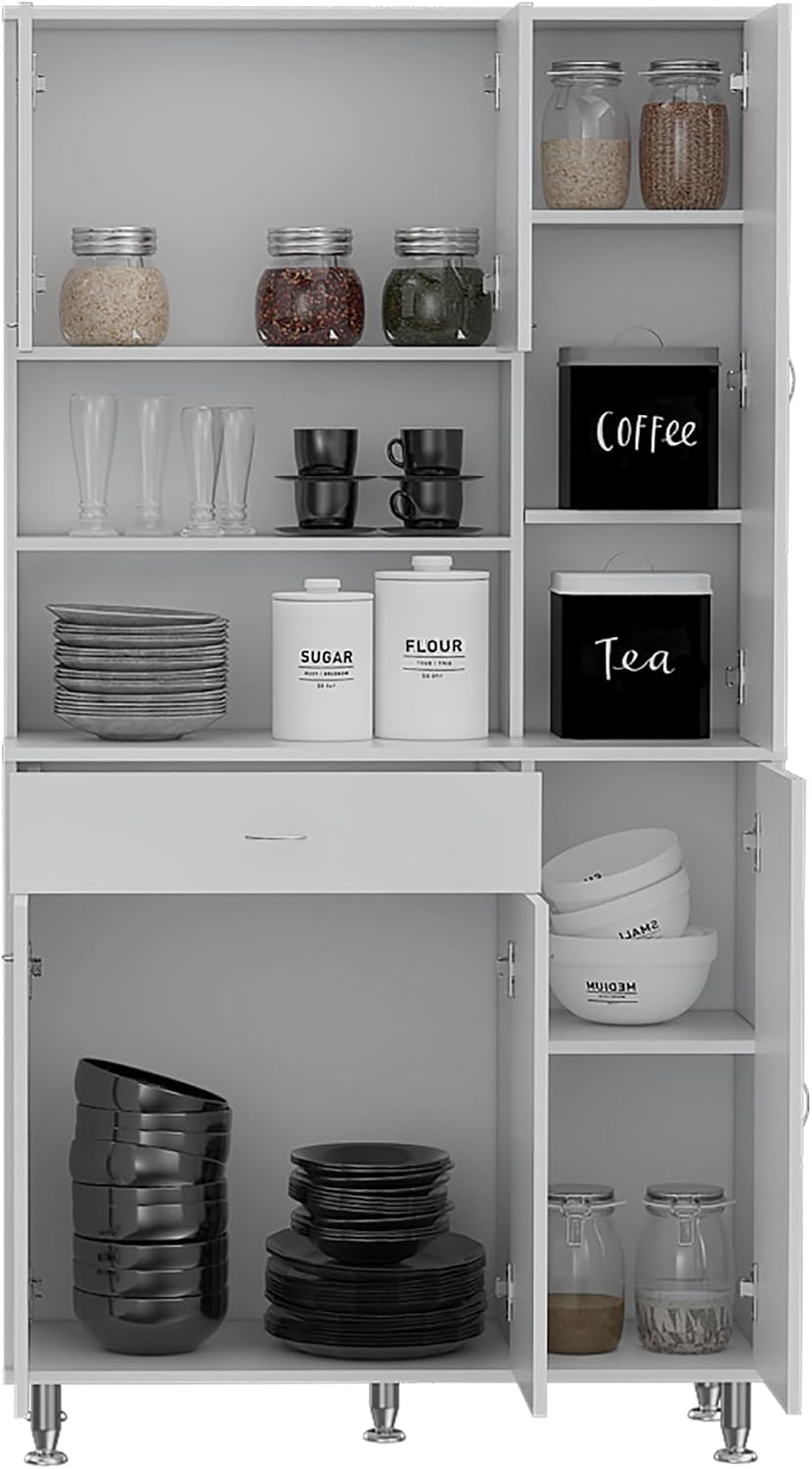 Della 90 Kitchen Pantry, One Drawer, Multiple Cabinets, Two Open Shelvess -White