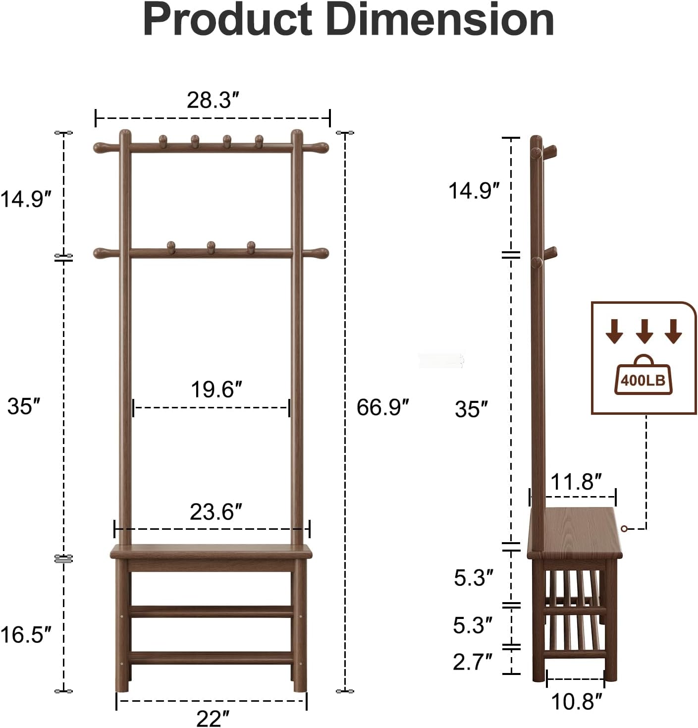 AQIMUELE Coat Rack with Shoe Storage, Narrow Wooden Hall Tree with Bench, 11 Hooks and 2-Tier Storage Shelves, 3-in-1, Entryway Bench with Coat Rack (23.6"-Walnut)
