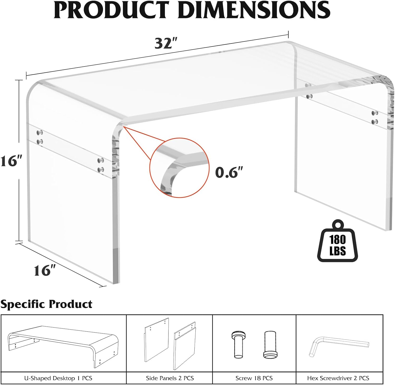 Premium Need Assembly 32" Acrylic Coffee Table,Clear Lucite Coffee Table for Living Room,Rectangle Plexiglass Center Waterfall Table,Supports 180 LBS,32"x16"x16",0.6" Thick Fit for 2 Seat Sofa