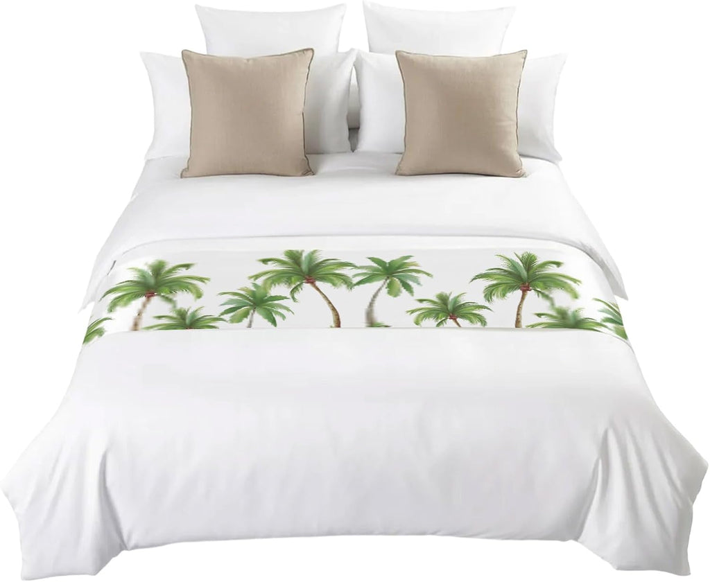 Green Palm Trees Bed Runner Scarf Cal King Size, Summer Botanical Tree Tropical Luxury Bed Throw Runners & Scarves for Twin Full Queen King Foot of Beds, Hotel Decoration, 102"x20"