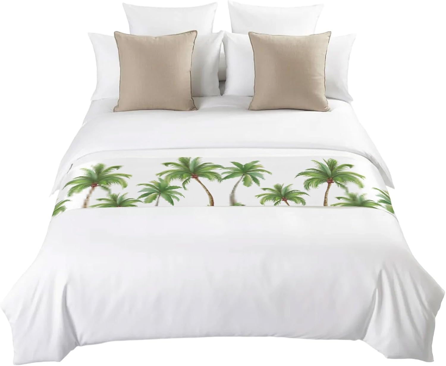 Green Palm Trees Bed Runner Scarf Cal King Size, Summer Botanical Tree Tropical Luxury Bed Throw Runners & Scarves for Twin Full Queen King Foot of Beds, Hotel Decoration, 102"x20"