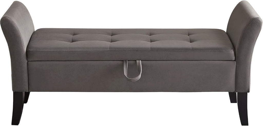 51.5" Velvet Storage Bench, Upholstered Button Tufted Design, Bedside Bench with Armrests, Secure Hinged Storage Space, Suitable for Bedroom Living Room (Grey)