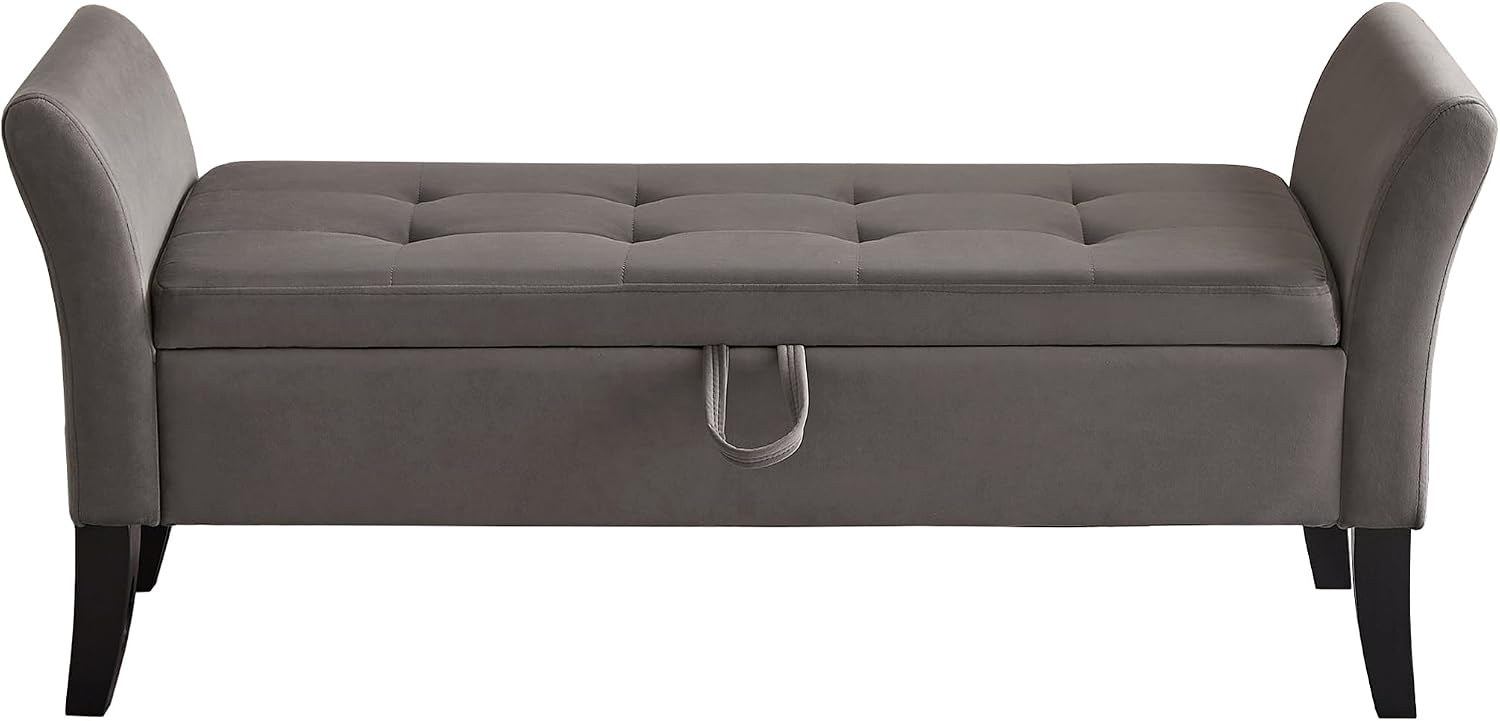 51.5" Velvet Storage Bench, Upholstered Button Tufted Design, Bedside Bench with Armrests, Secure Hinged Storage Space, Suitable for Bedroom Living Room (Grey)