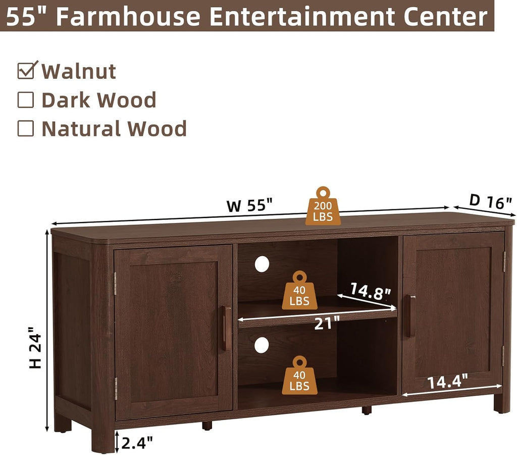 Joaxswe Farmhouse 55" Entertainment Center,Walnut Tv Stand with Adjustable Shelves & 2 Door Storage,Wooden Media Console Cabinet for TVs Up to 65 inches, Rustic Tv Stands for Living Room,Bedroom