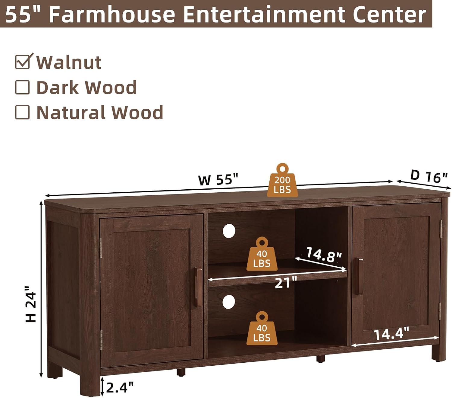 Joaxswe Farmhouse 55" Entertainment Center,Walnut Tv Stand with Adjustable Shelves & 2 Door Storage,Wooden Media Console Cabinet for TVs Up to 65 inches, Rustic Tv Stands for Living Room,Bedroom