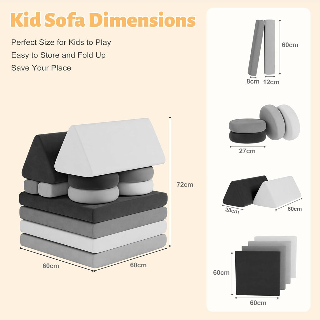 HedoAjim 12 PCS Modular Kids Play Block Couch Sofa Soft Child Toddler Building Fortplay Climbing Bedroom Playroom Baby Convertible Floor Foam Cushion for Boys & Girls (Tonal Gray)