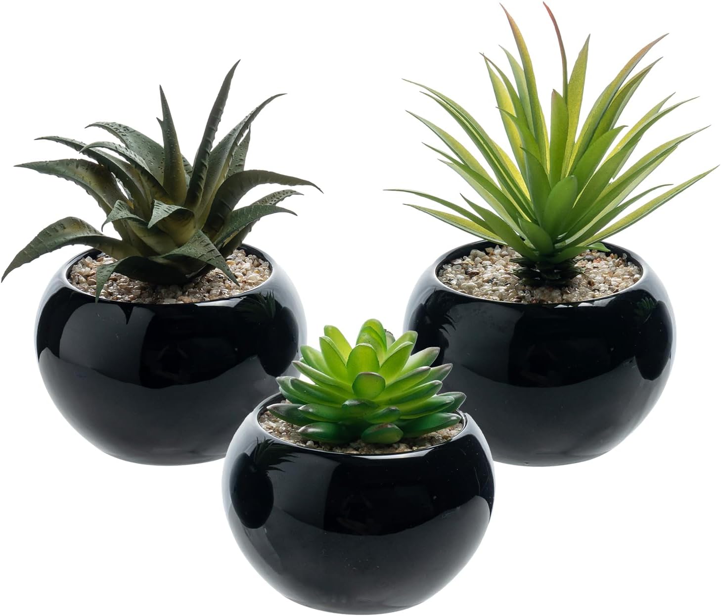 MyGift Mini Assorted Artificial Succulents in Round Black Ceramic Pots, Mixed Realistic Indoor House Plants, Set of 3