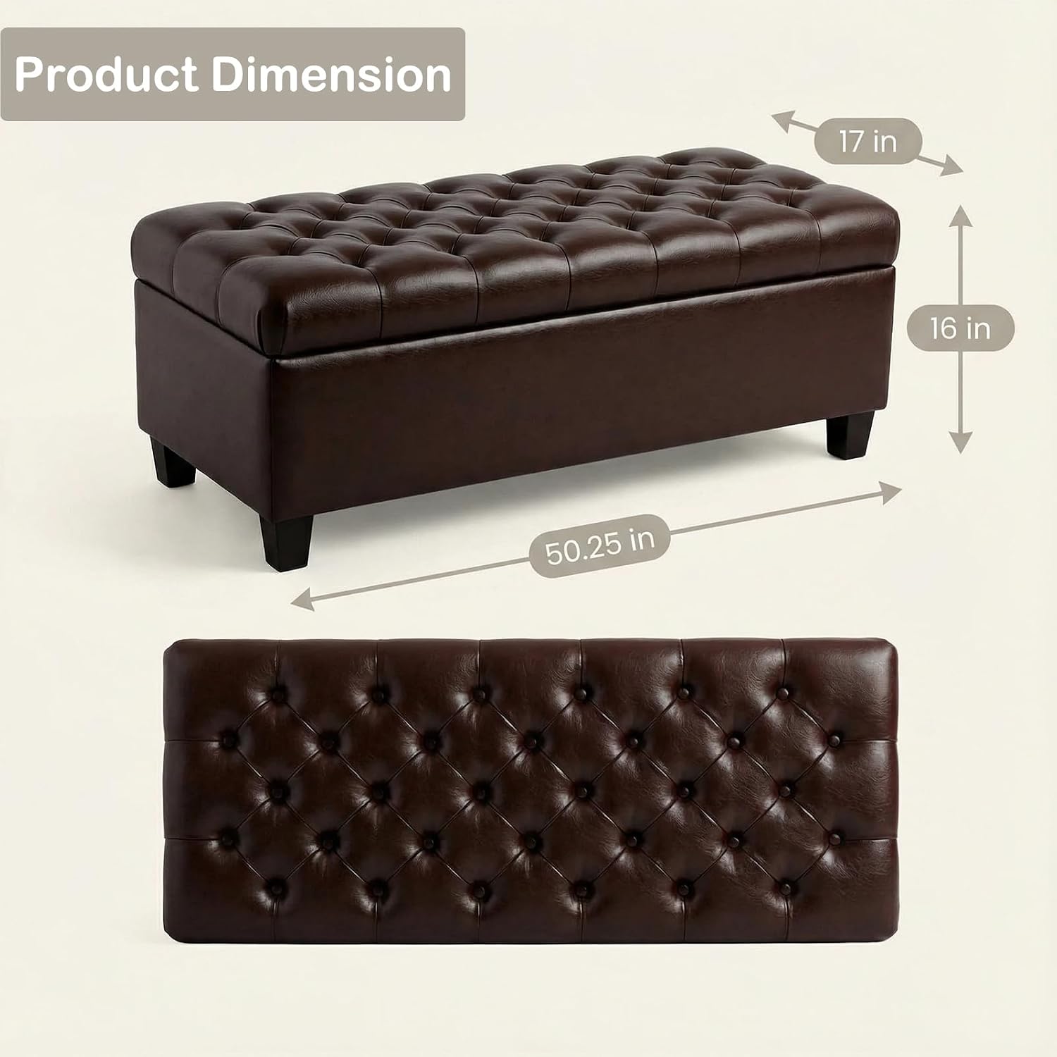 Chifee & Vingol 50" PU Ottoman with Storage Oversized End of Bed Storage Bench Upholstered Benches for Entryway, Living Room, Bedroom-Dark Brown