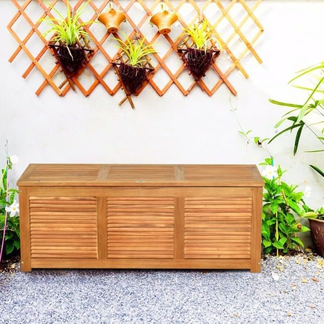 47 Gal Acacia Wood Storage Bench, 355lb Capacity Seats 2, Breathable Slats for Garden Tools & Patio