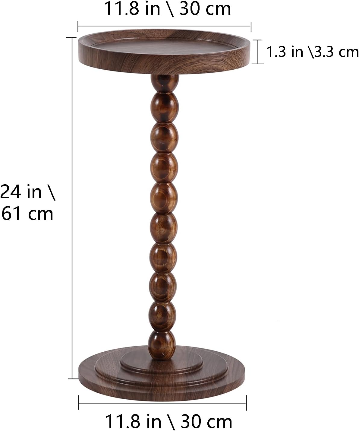 Small Round SideTable, Drink Table Martini Table for Small Spaces, Tall End Table with Solid Wood Leg, Pedestal Side Table for Living Room Sofa Bedroom Bedside (Dark Walnut)