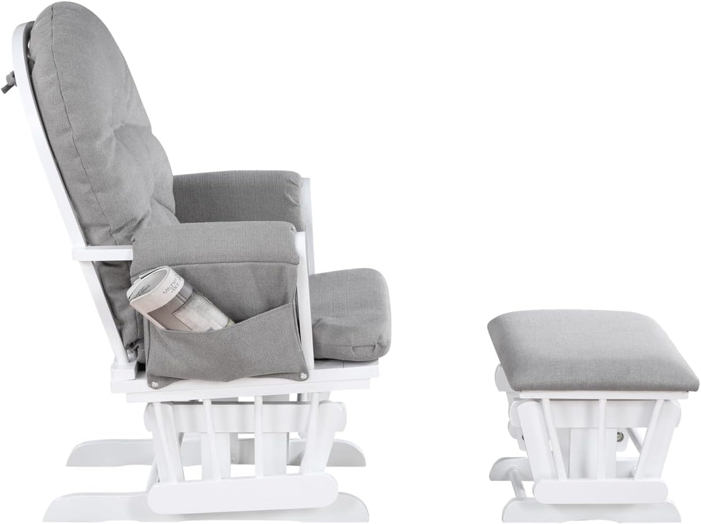 Mason Glider and Ottoman - White Wood, Oyster Fabric Comfort for Nursery or Living Space