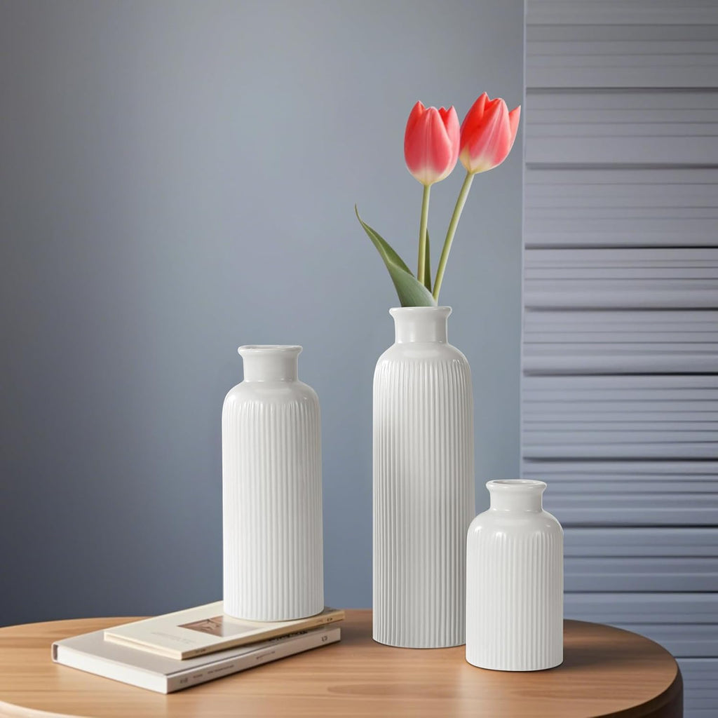 Small White Ceramic Vase Set of 3, Boho Modern White Flower Vase Room Decor, Farmhouse Decor, Vases for Your Kitchen, Bathroom, Bedroom, Living Room, Office&Shelf Centerpiece Table Decorations