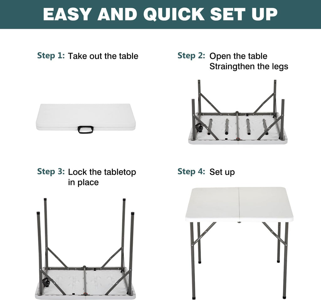 FDW 34" Square Outdoor Dining Table, Foldable Portable Plastic Folding Card Table with Built in Carrying Handle and Height Adjustable for Party and Wedding Use, White