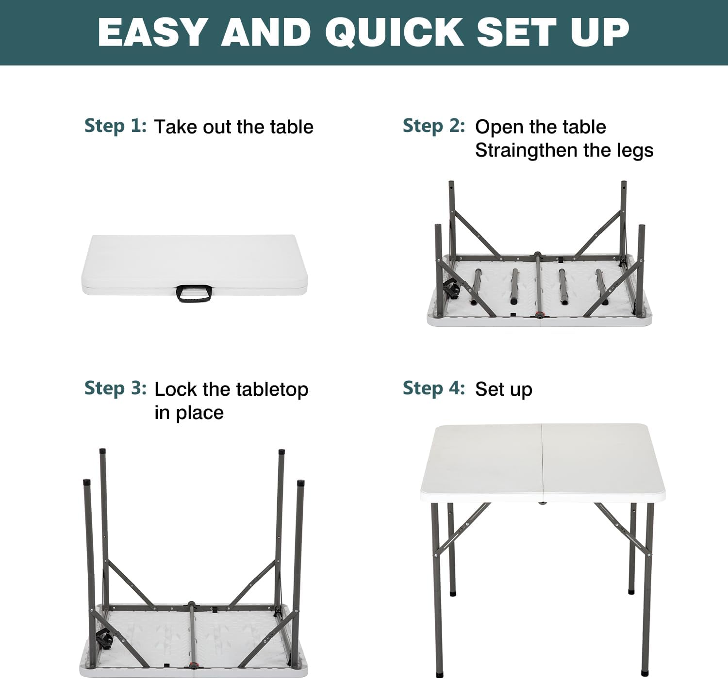 FDW 34" Square Outdoor Dining Table, Foldable Portable Plastic Folding Card Table with Built in Carrying Handle and Height Adjustable for Party and Wedding Use, White