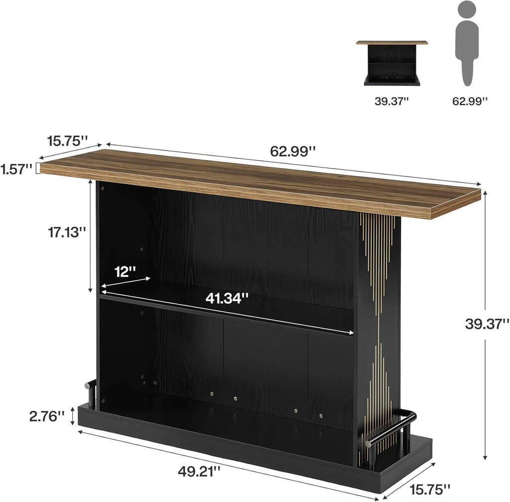 Tribesigns 63" Bar Table, Sturdy Modern Counter Height Pub Table with 2-Tier Storage Shelf and Metal Footrest, Rectangular Wood Home Bar Unit for Kitchen, Living Room, Black