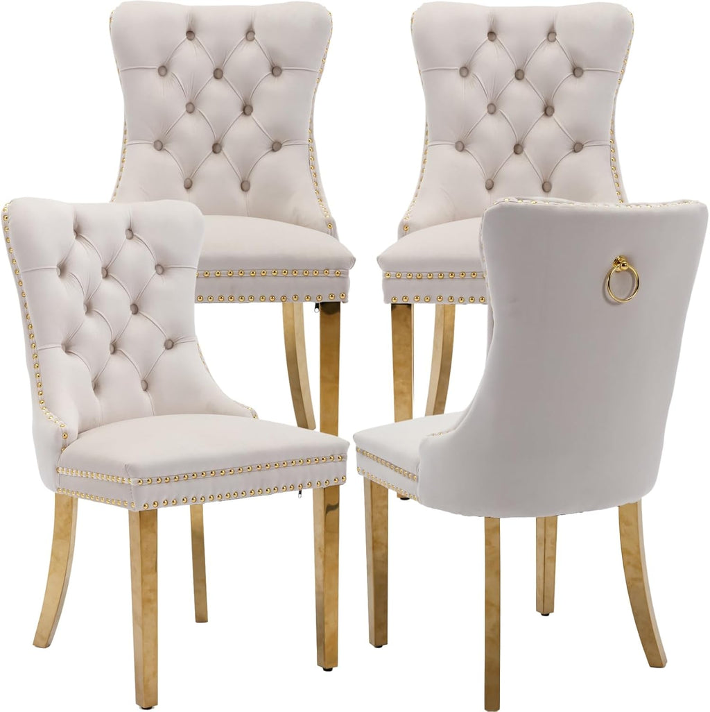 Mid Century Modern Dining Chairs Set of 4, Beige Velvet Upholstered Tufted Back, Kitchen & Dining Room Chairs, Gold Metal Legs, Nailhead Trim, Sillas para Comedor (Beige, 4 Pcs)