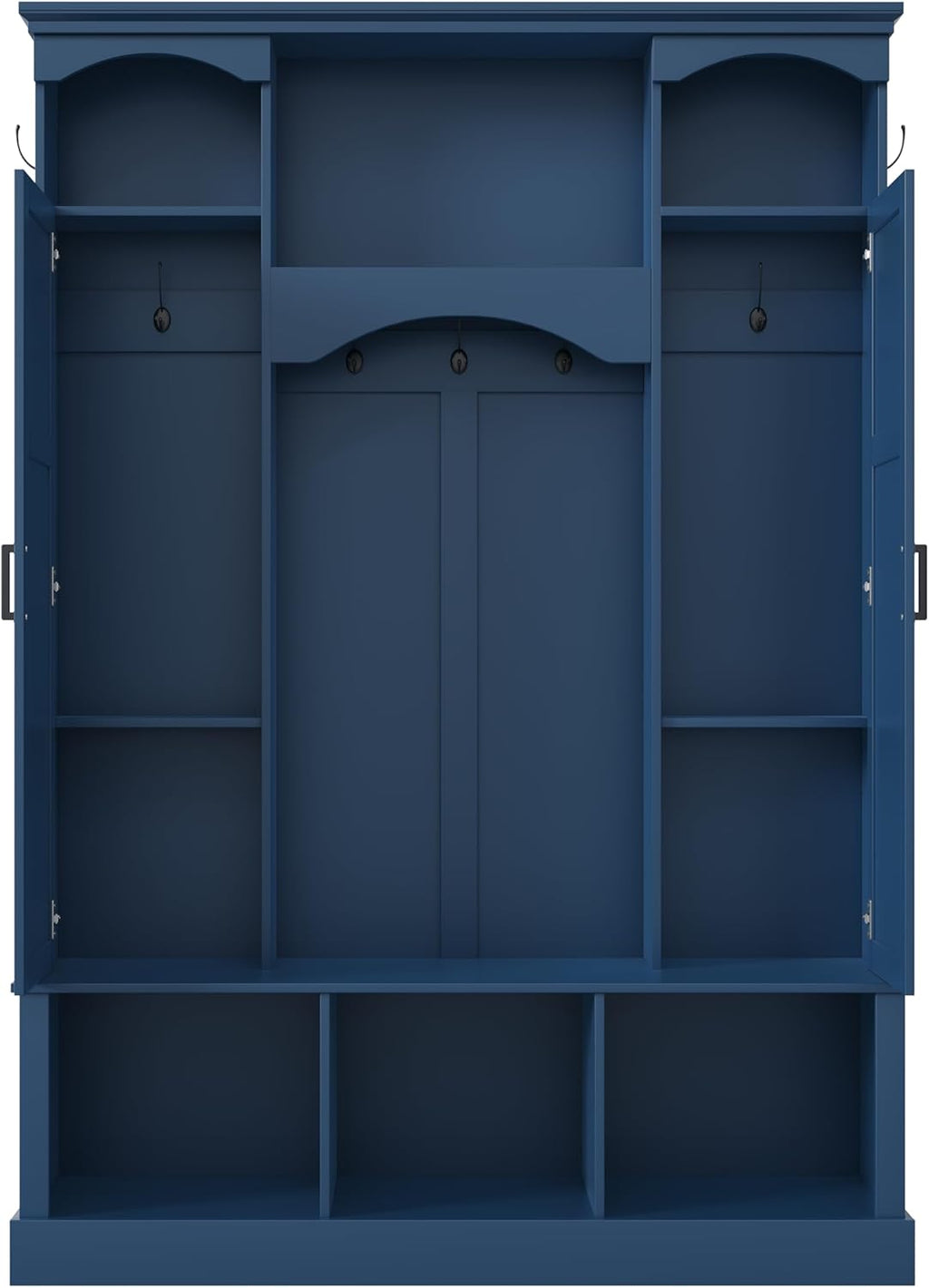Knocbel Farmhouse Hall Tree Organizer, Seat Bench with 3 Open Compartments, Coat Rack with Dual Side Cabinets, 7 Hooks, Adjustable Shelves, 3 Top Cubbies, for Entryway Living Room, 53.5" Blue
